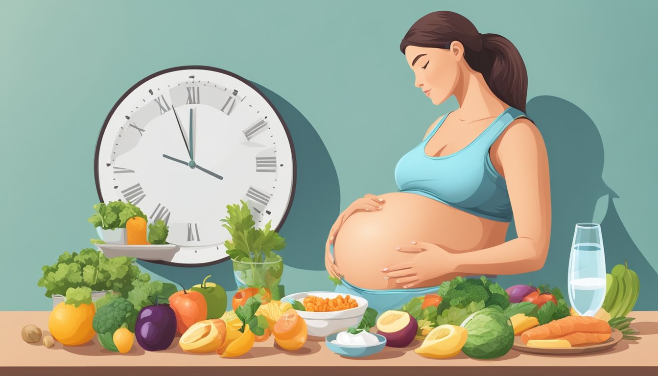 A pregnant woman sitting at a table, surrounded by various nutritious foods and a glass of water, with a clock showing intermittent fasting schedule