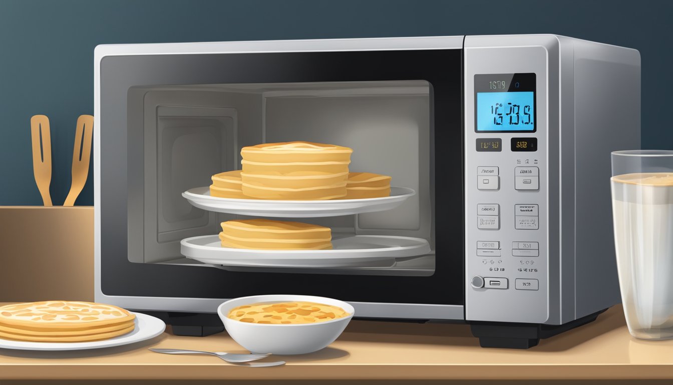 A microwave with a plate of French crepes inside, a fork beside it, and the microwave's digital display showing the time counting down