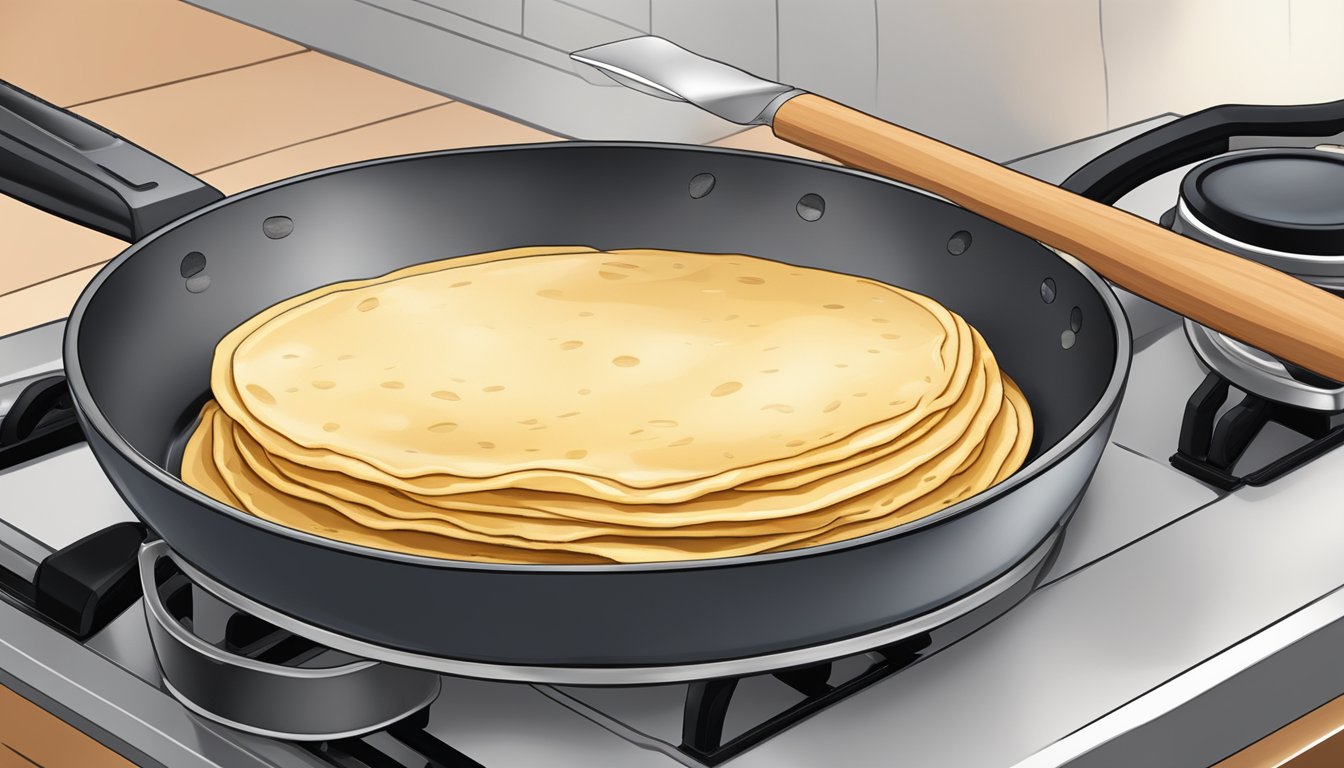 A crepe being reheated on a stovetop in a non-stick skillet, with a spatula flipping it over