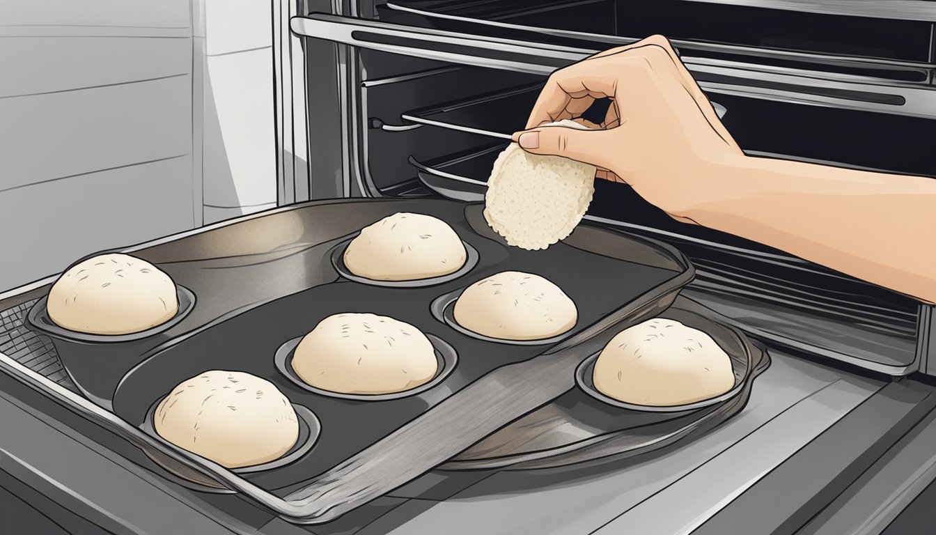 A person using oven mitts to remove a tray of freshly reheated gluten free bao buns from the oven