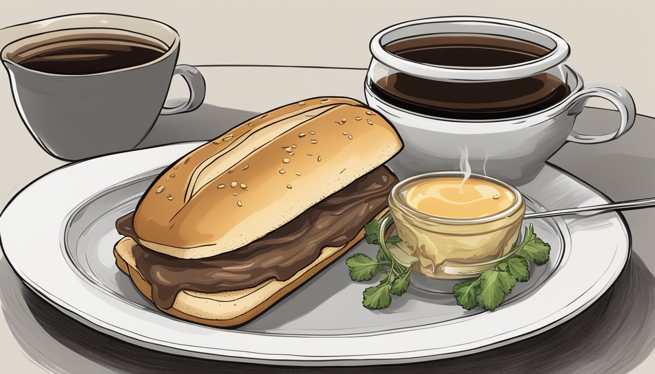 A French dip sandwich sitting on a plate next to a small bowl of au jus, with steam rising from the sandwich