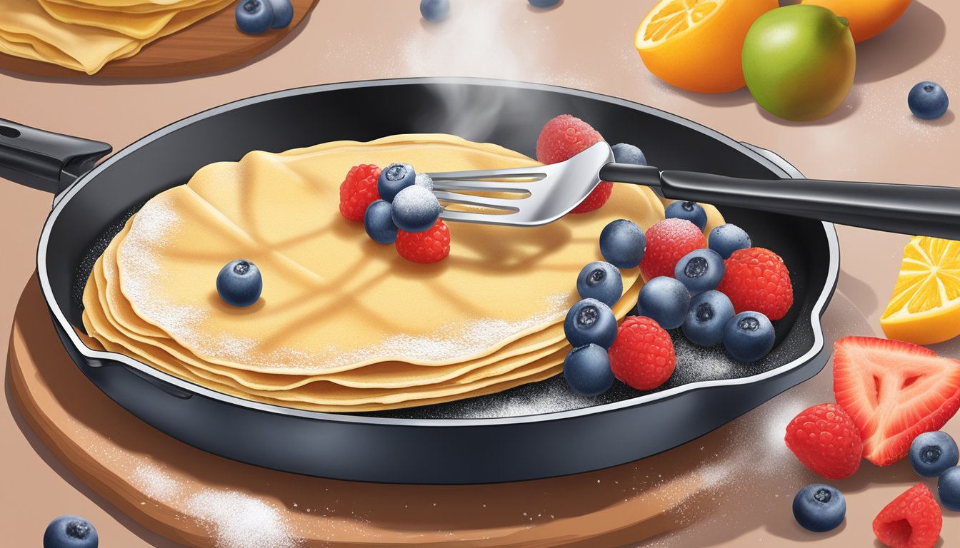 A crepe being reheated on a non-stick skillet, gently flipped with a spatula, then plated and garnished with fresh fruit and a dusting of powdered sugar