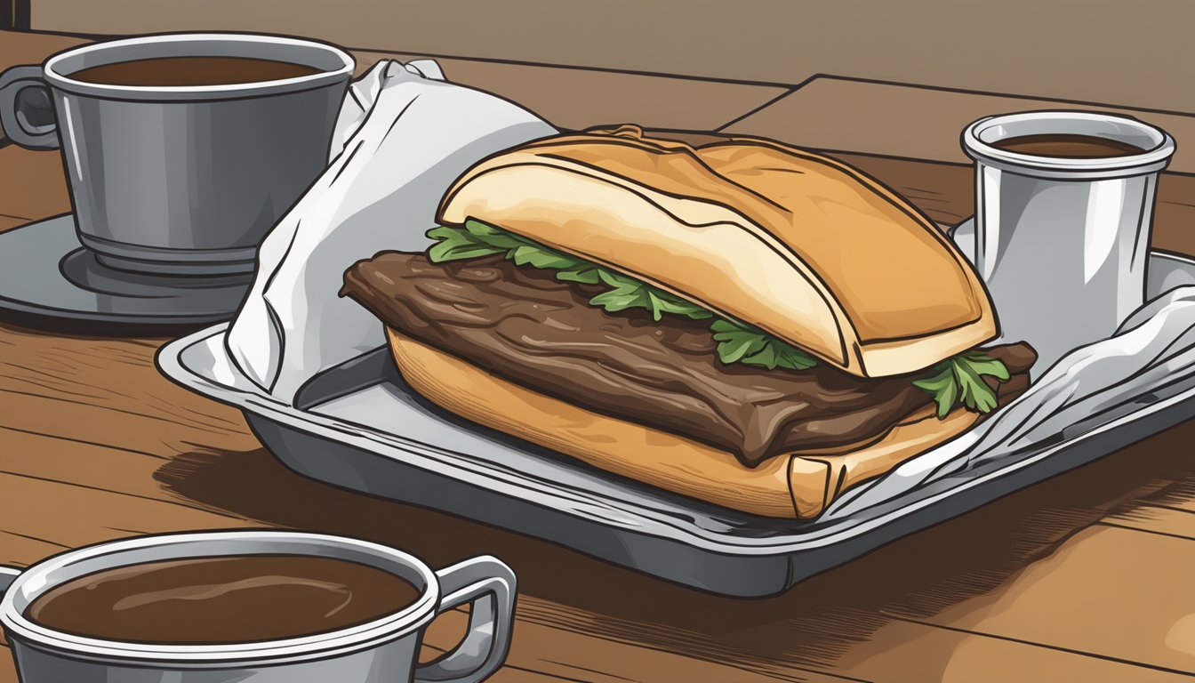 A French dip sandwich wrapped in foil sits on a baking sheet next to a small bowl of au jus. A preheated oven is visible in the background