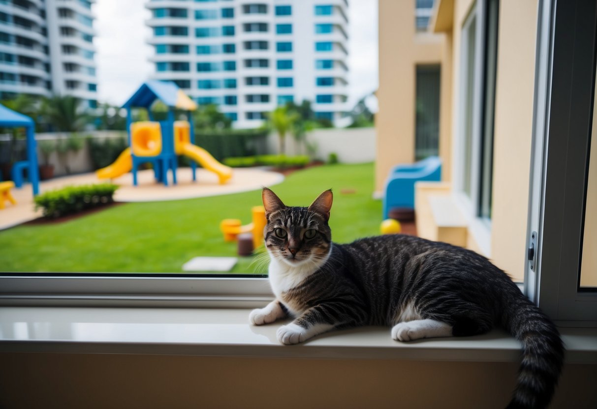 A cozy condo in Cebu with a cat lounging on a window sill overlooking a pet-friendly garden with play areas and amenities