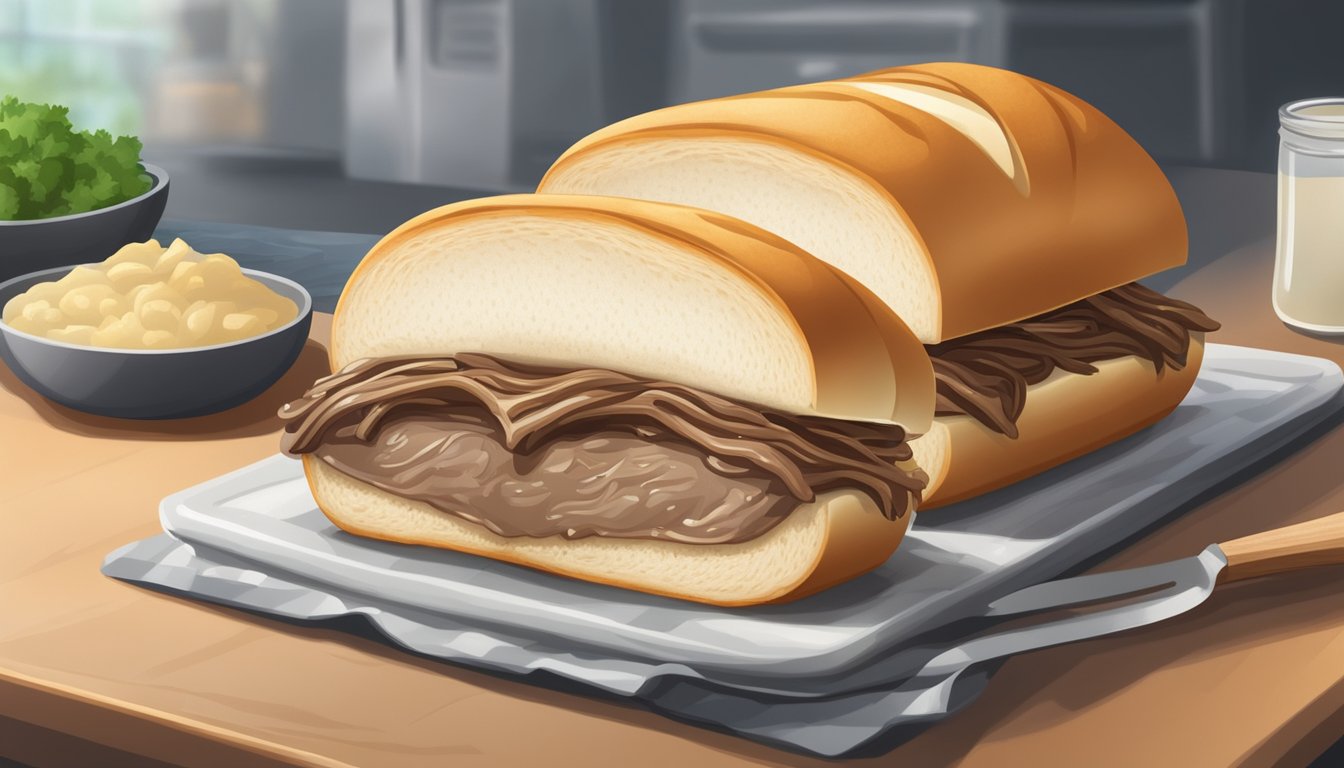 A French dip sandwich sits on a baking sheet in the oven, surrounded by steam, as the ideal temperature is achieved for optimal flavor and texture