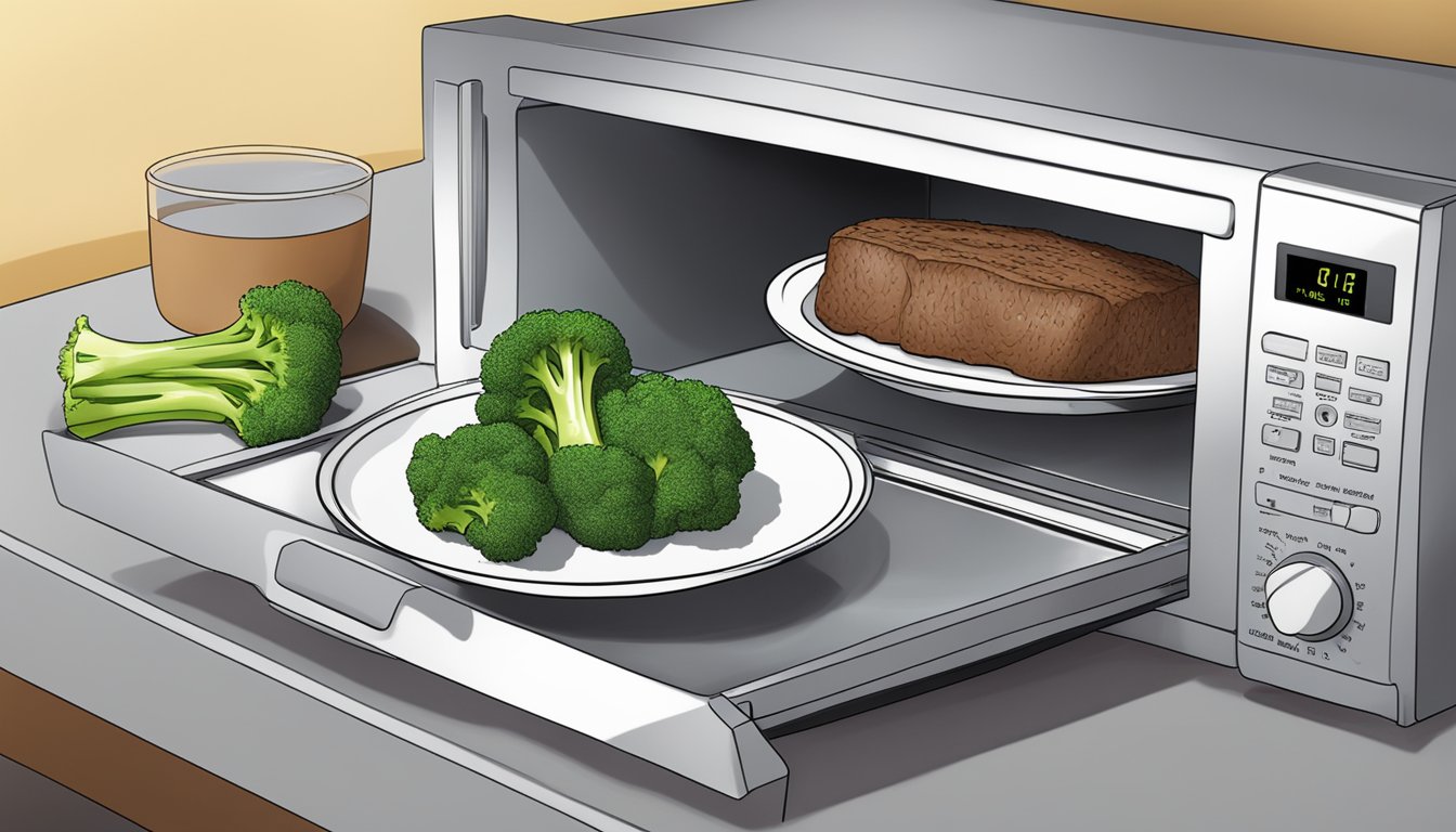 A plate of gluten-free beef and broccoli being reheated in a microwave