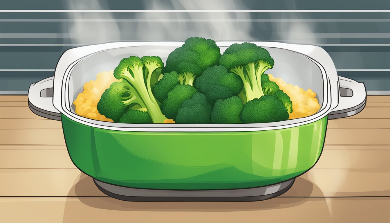 A steaming bowl of gluten-free beef and broccoli being reheated in a microwave. The broccoli is vibrant green and the beef is glistening with sauce