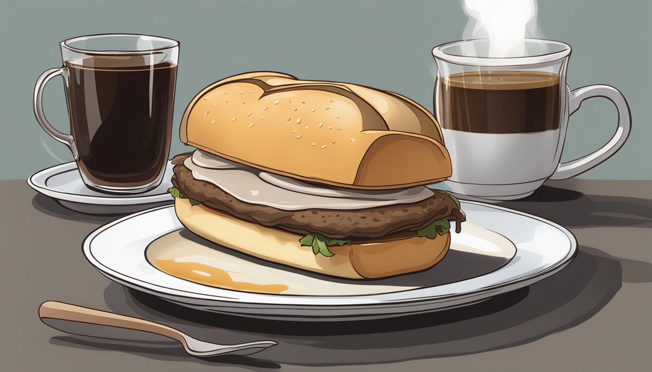 A French dip sandwich sitting on a plate next to a cup of au jus, with steam rising from the sandwich as it is being reheated in the oven