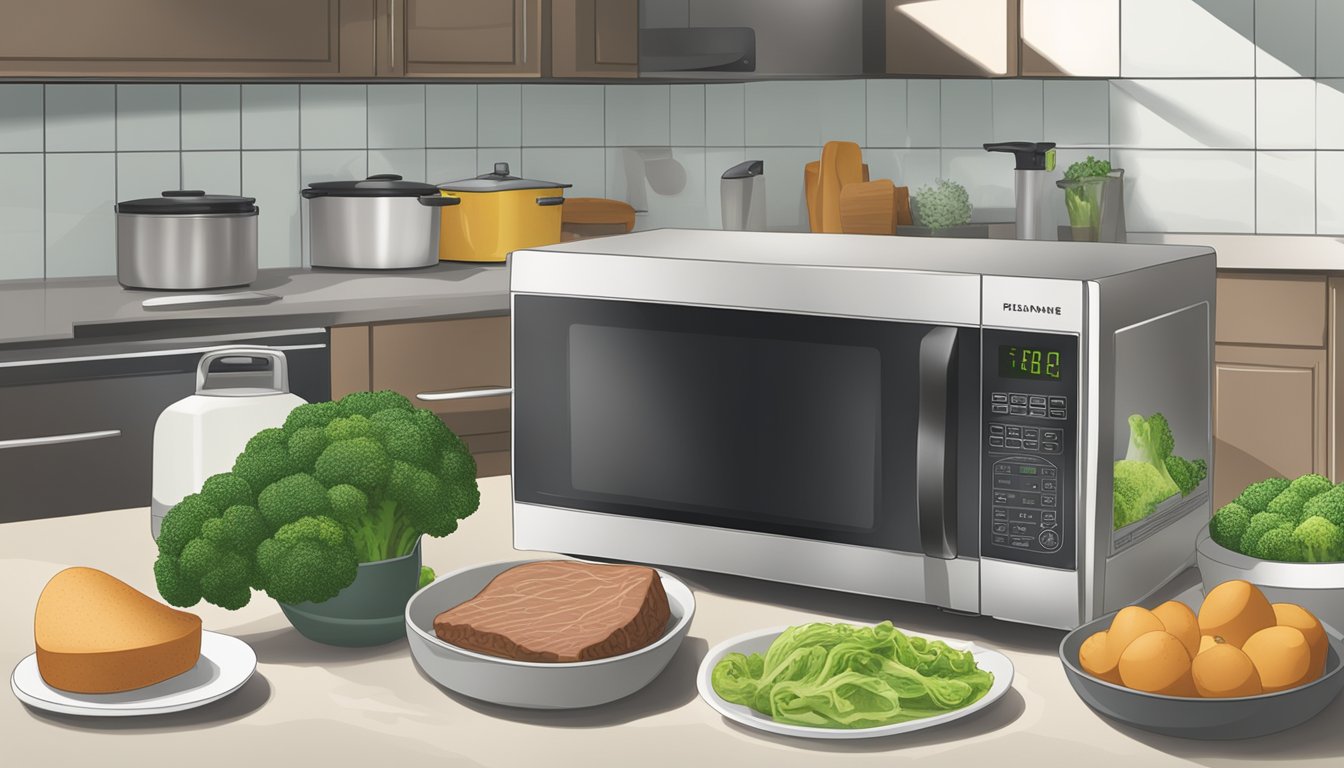 A kitchen counter with a container of leftover gluten-free beef and broccoli, a microwave, and a sheet of instructions on proper storage techniques