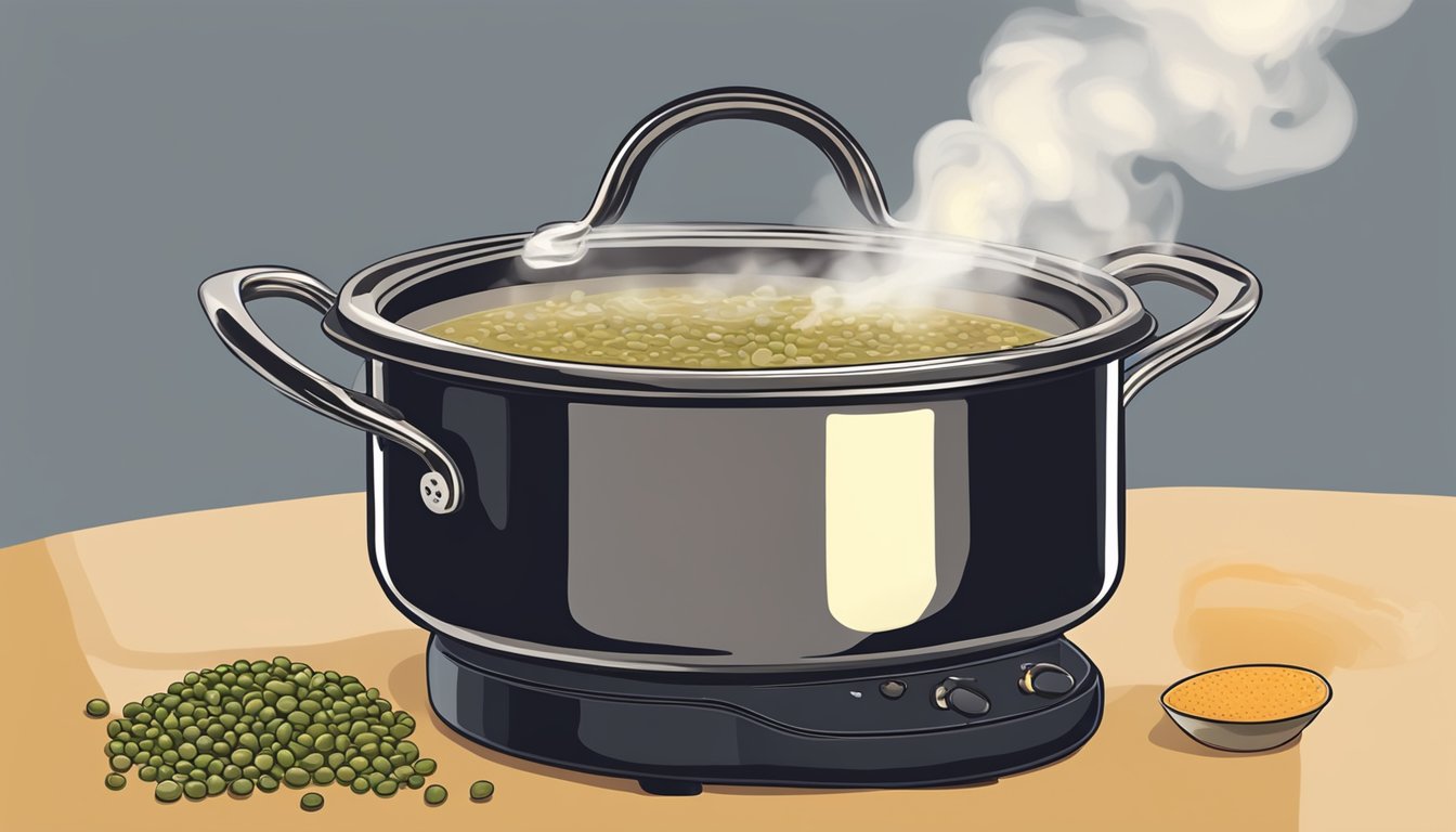 A steaming pot of French lentil soup is being reheated on a stovetop, with a ladle resting on the edge and steam rising from the bubbling liquid