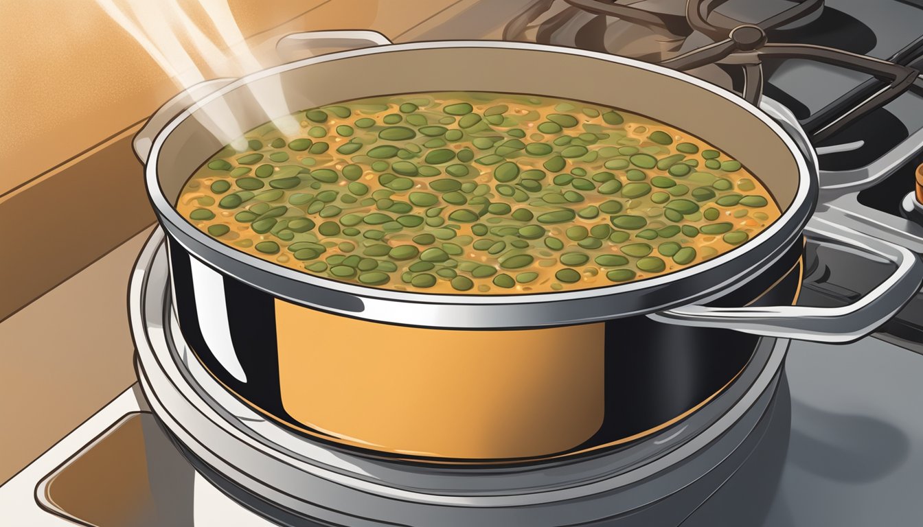 A pot of French lentil soup simmering on a stovetop, steam rising from the surface as it is being reheated