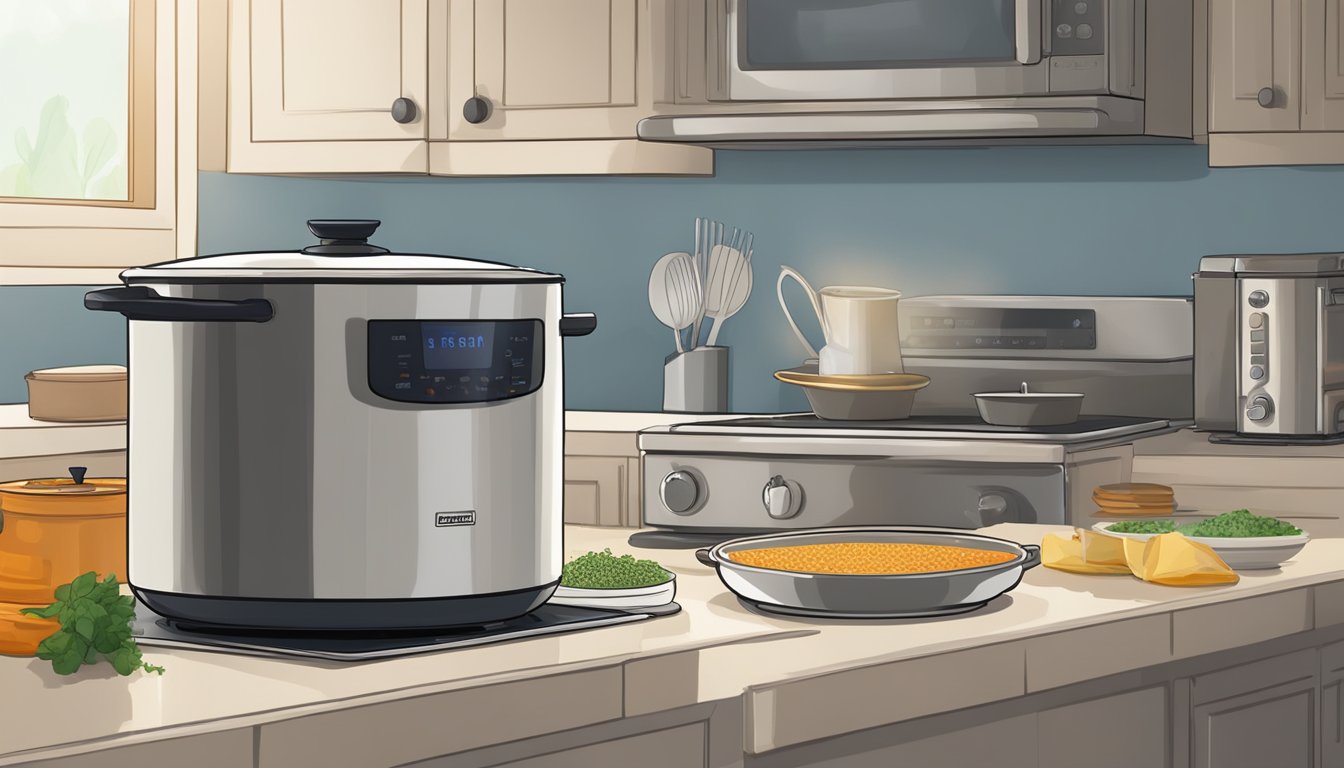 A pot of French lentil soup sits on a stovetop, steam rising as it simmers. A microwave and oven are nearby, ready for alternative reheating methods