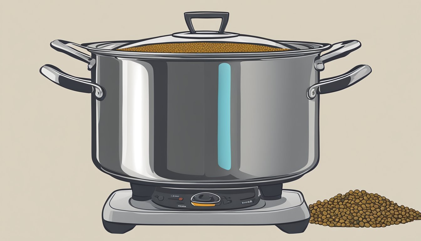 A pot of french lentil soup being gently reheated on a stovetop, steam rising from the surface as it simmers