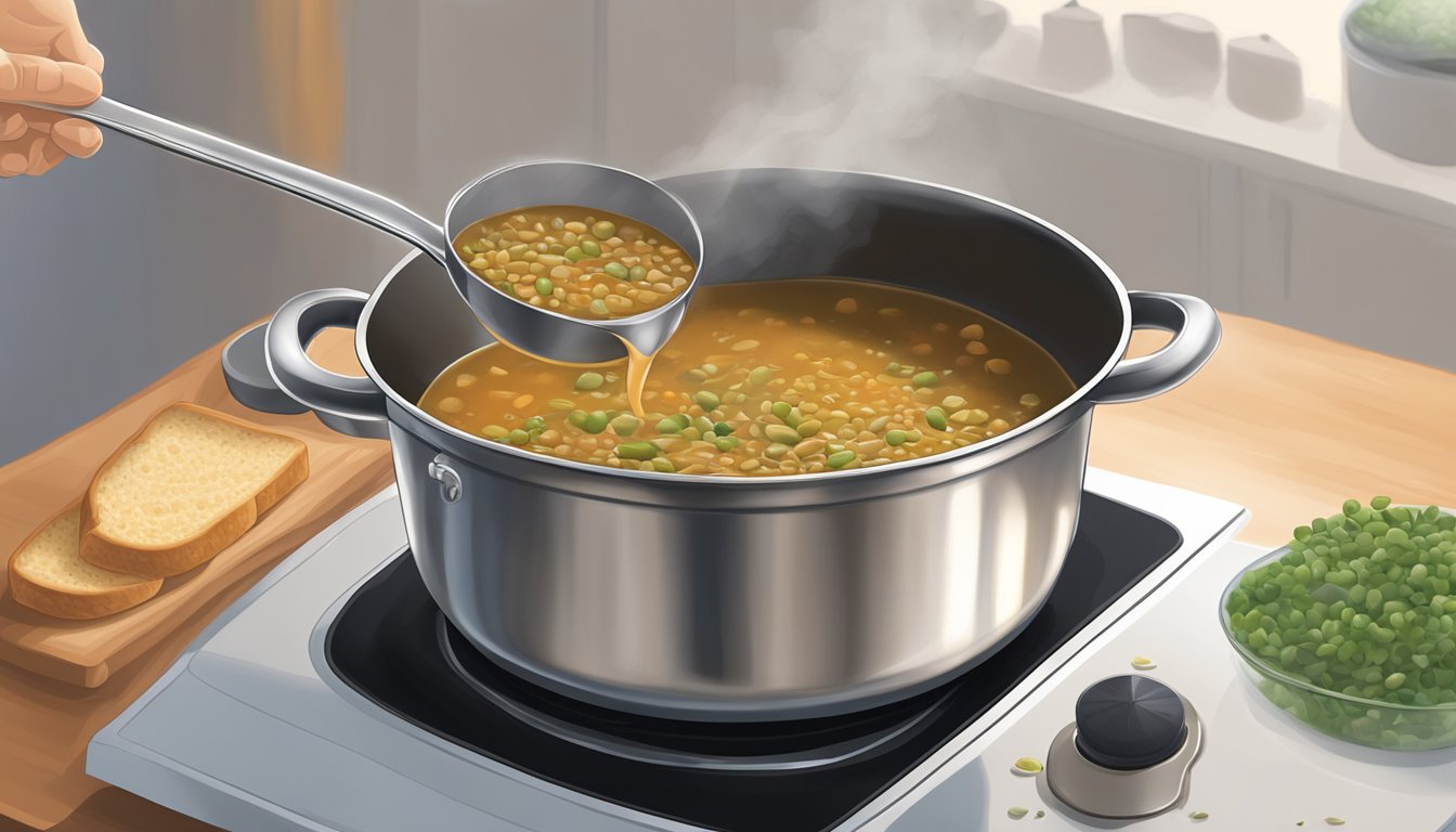 A pot of french lentil soup being gently reheated on a stovetop with a ladle resting on the edge