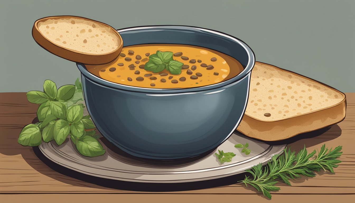 A steaming bowl of French lentil soup sits on a rustic wooden table, accompanied by a slice of crusty bread and a small bowl of fresh herbs