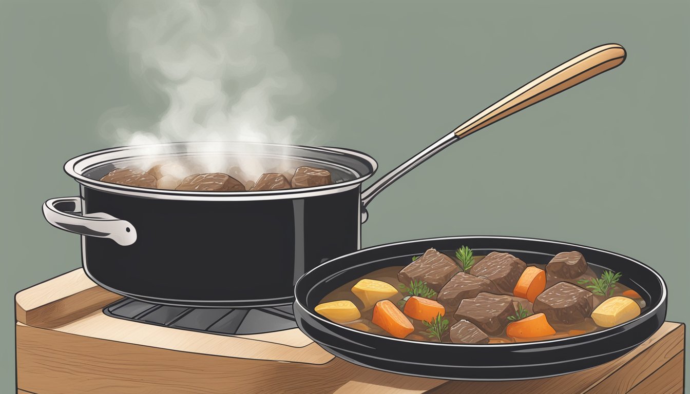 A pot of gluten-free beef stew being reheated on a stovetop, steam rising from the bubbling mixture as a wooden spoon stirs it