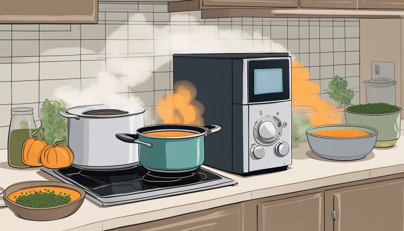 A pot of French lentil soup sits on a stove, steam rising. Nearby, a bowl of soup is being reheated in the microwave