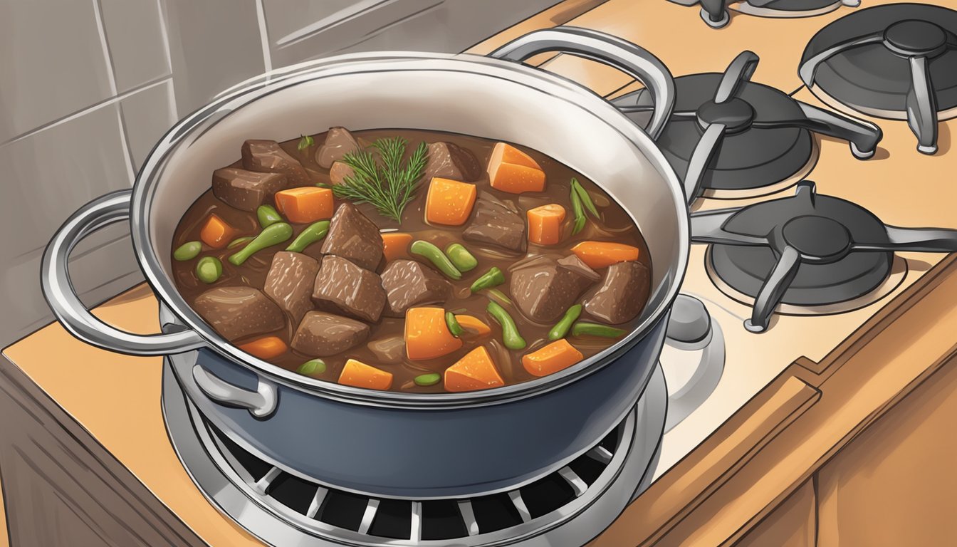 A pot of gluten-free beef stew simmering on a stovetop, steam rising and filling the kitchen with savory aromas