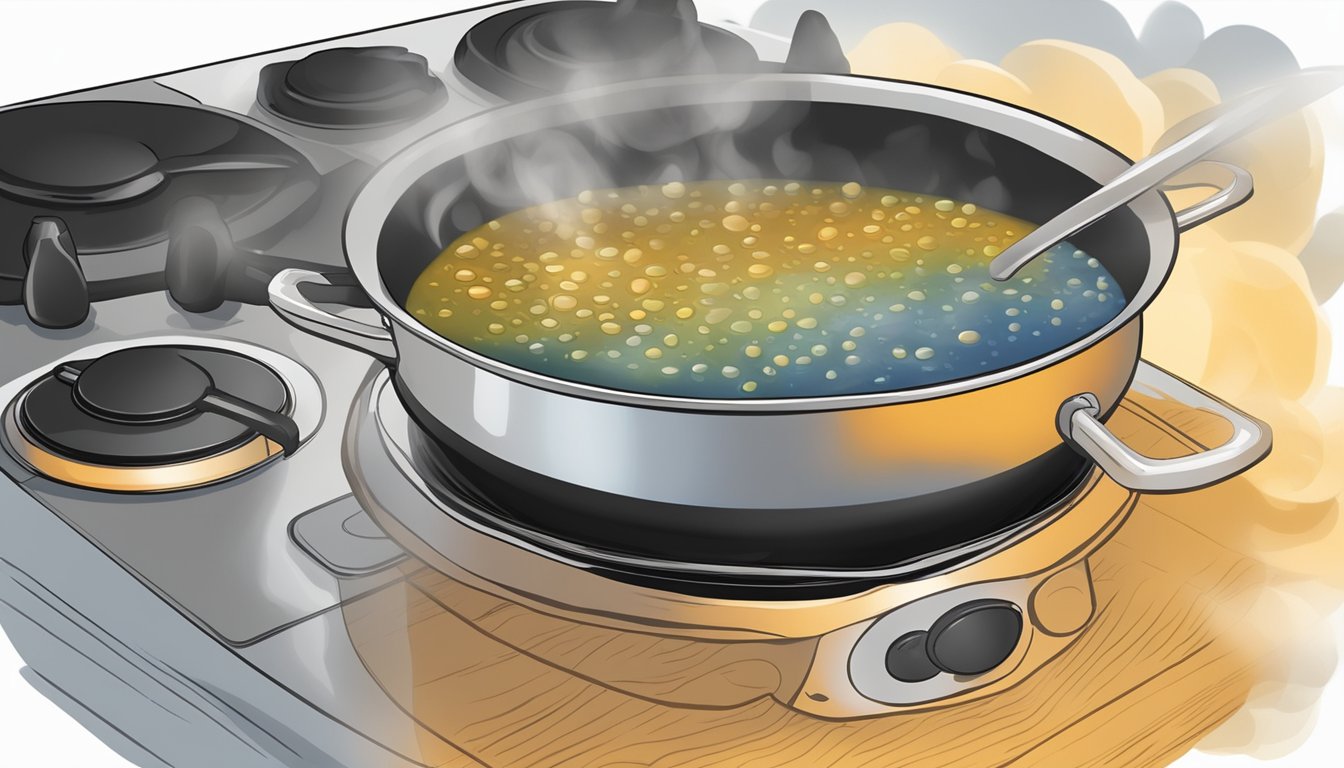 A pot of French lentil soup being reheated on a stovetop, steam rising from the bubbling liquid as a wooden spoon stirs the mixture