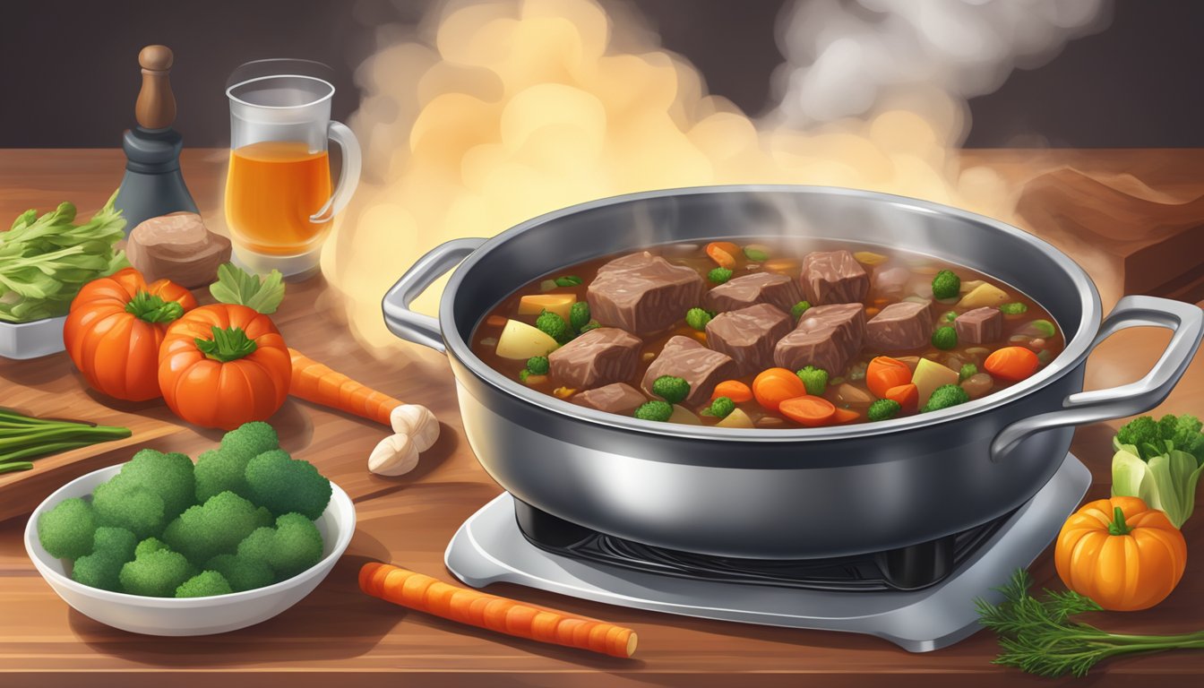 A steaming bowl of gluten-free beef stew is being heated on a stovetop, surrounded by aromatic steam and the rich colors of the vegetables and meat