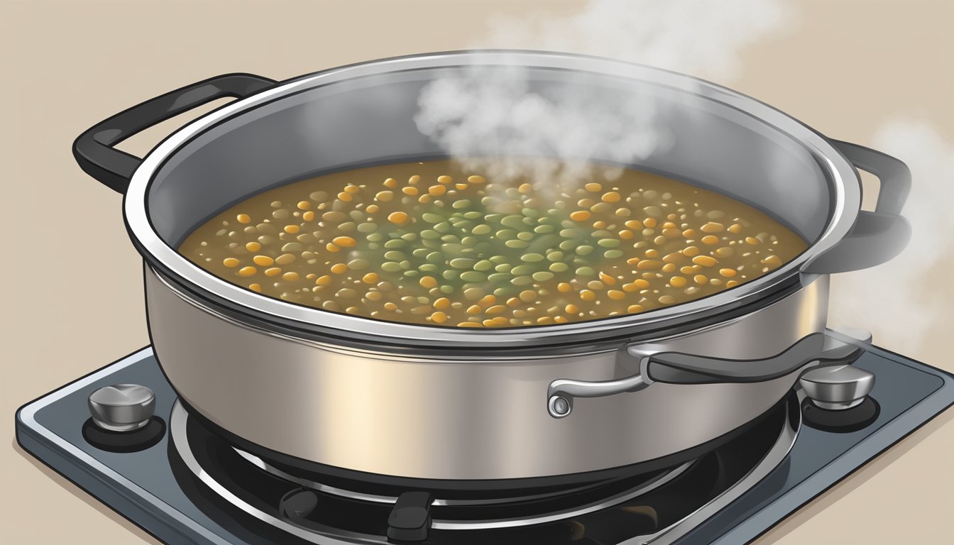 A pot of French lentil soup being reheated on a stovetop, steam rising from the bubbling mixture