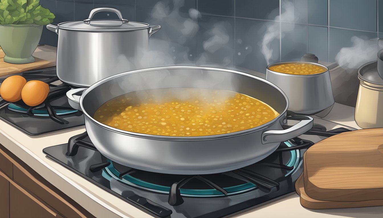 A pot of French lentil soup being reheated on a stovetop, steam rising from the bubbling liquid