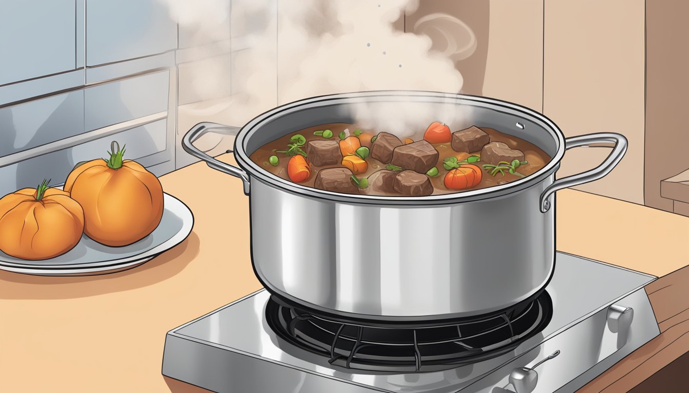 A pot of gluten-free beef stew being reheated on a stovetop, steam rising from the bubbling mixture