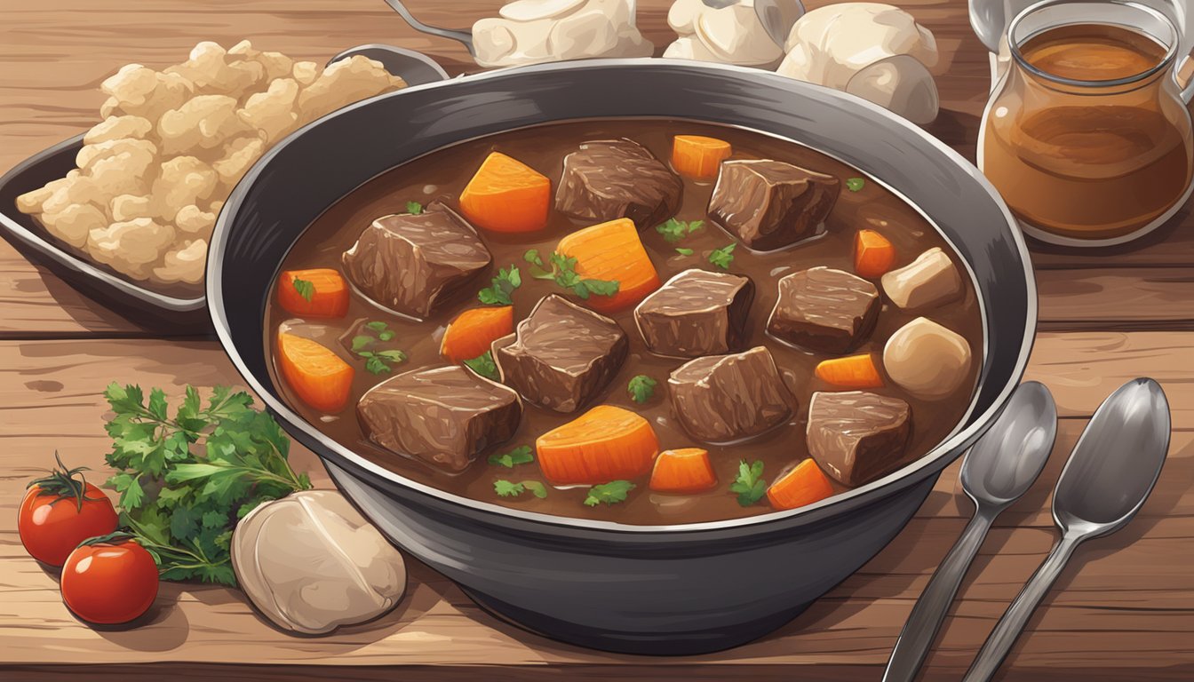 A steaming bowl of gluten-free beef stew sits on a rustic wooden table, surrounded by a ladle and a stack of bowls