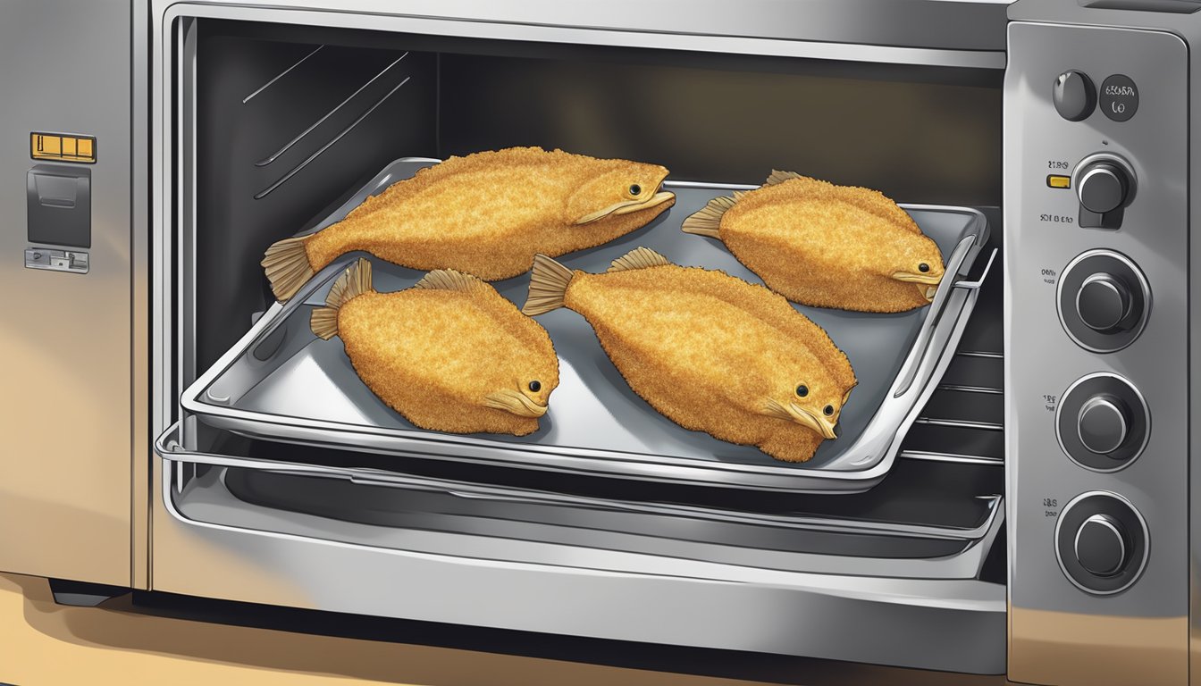 A plate of fried catfish being placed into a microwave or toaster oven for quick reheating