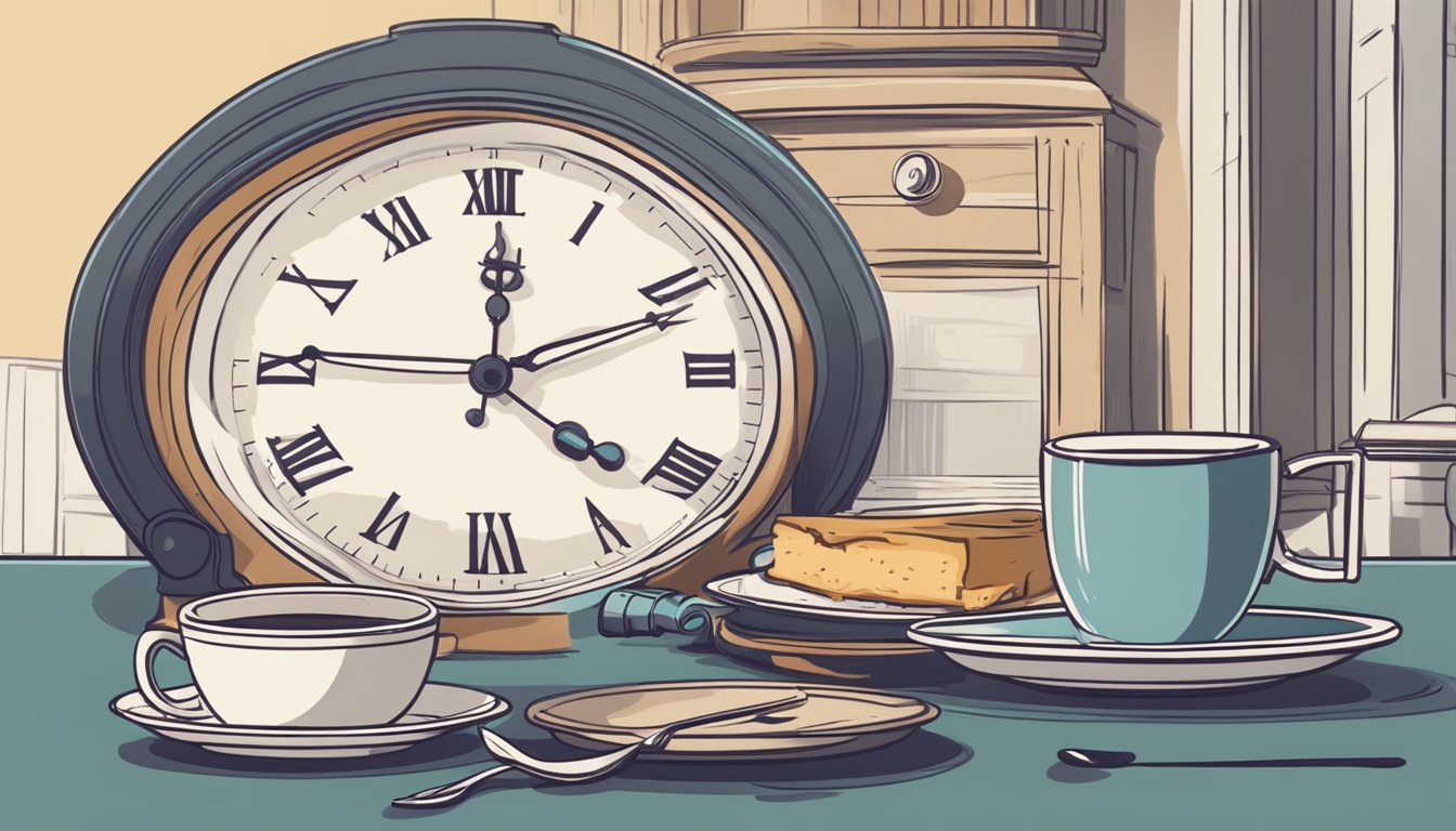 A steaming cup of coffee sits on a table beside a clock showing the time between meals during intermittent fasting