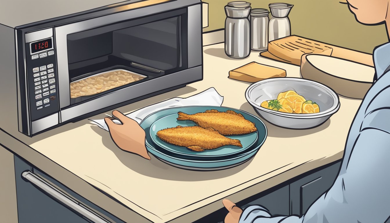 A person using a microwave to reheat fried catfish, with a paper towel to absorb excess oil and a plate for serving