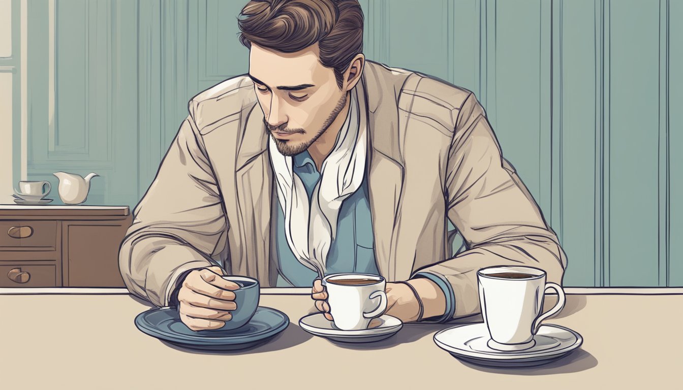 A person sitting at a table with a cup of coffee and a small pitcher of cream, contemplating whether to add it while fasting