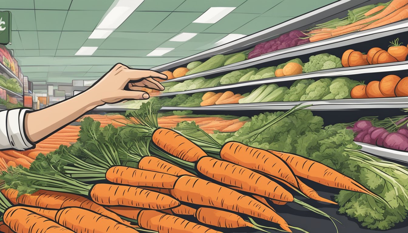 A hand reaching for a bunch of fresh carrots in a grocery store produce section