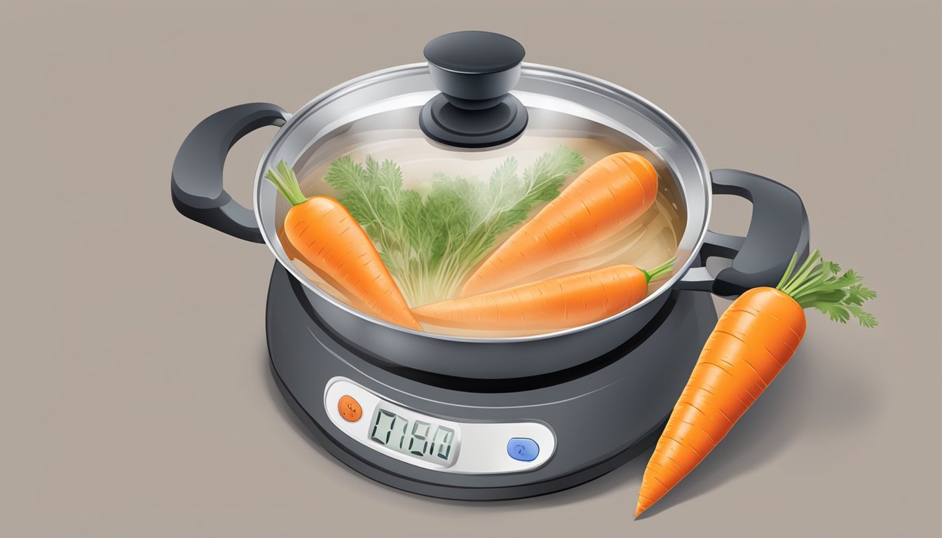 A pot of boiling water with carrots inside, a timer set for 5 minutes