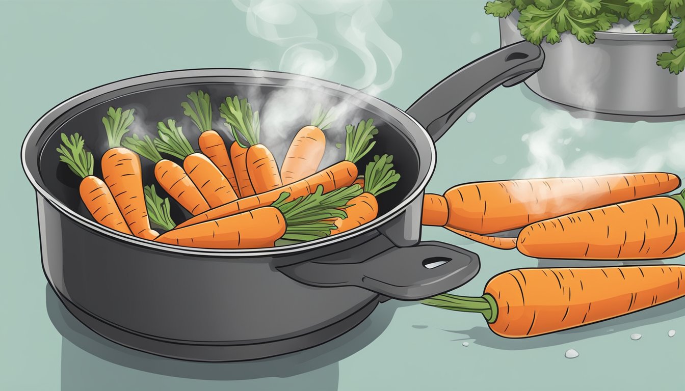 Carrots being cooked in a pot of boiling water, steam rising, with a timer set for optimal reheating