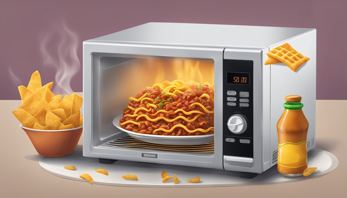 A microwave with a plate of Frito pie inside, steam rising from the hot food