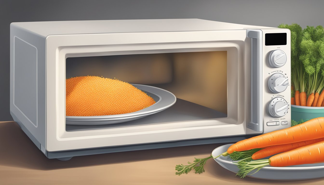 A microwave with a dish of gluten-free carrots and a container of seasoning next to it