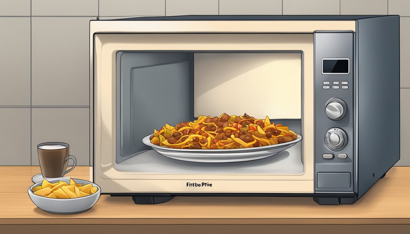 A microwave with a plate of Frito pie inside, the timer set and the door closed