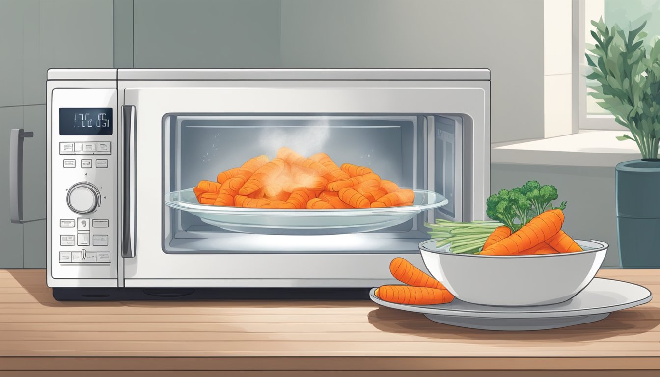 A microwave with a plate of sliced gluten-free carrots inside, a bowl of water next to it, and a steaming lid on top