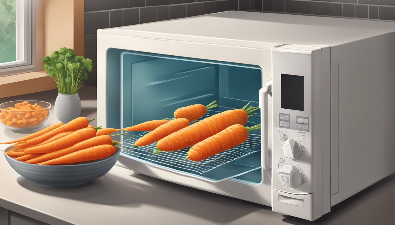 A kitchen scene with a container of gluten-free carrots being stored in a refrigerator, and a microwave with a plate of reheated carrots on the counter