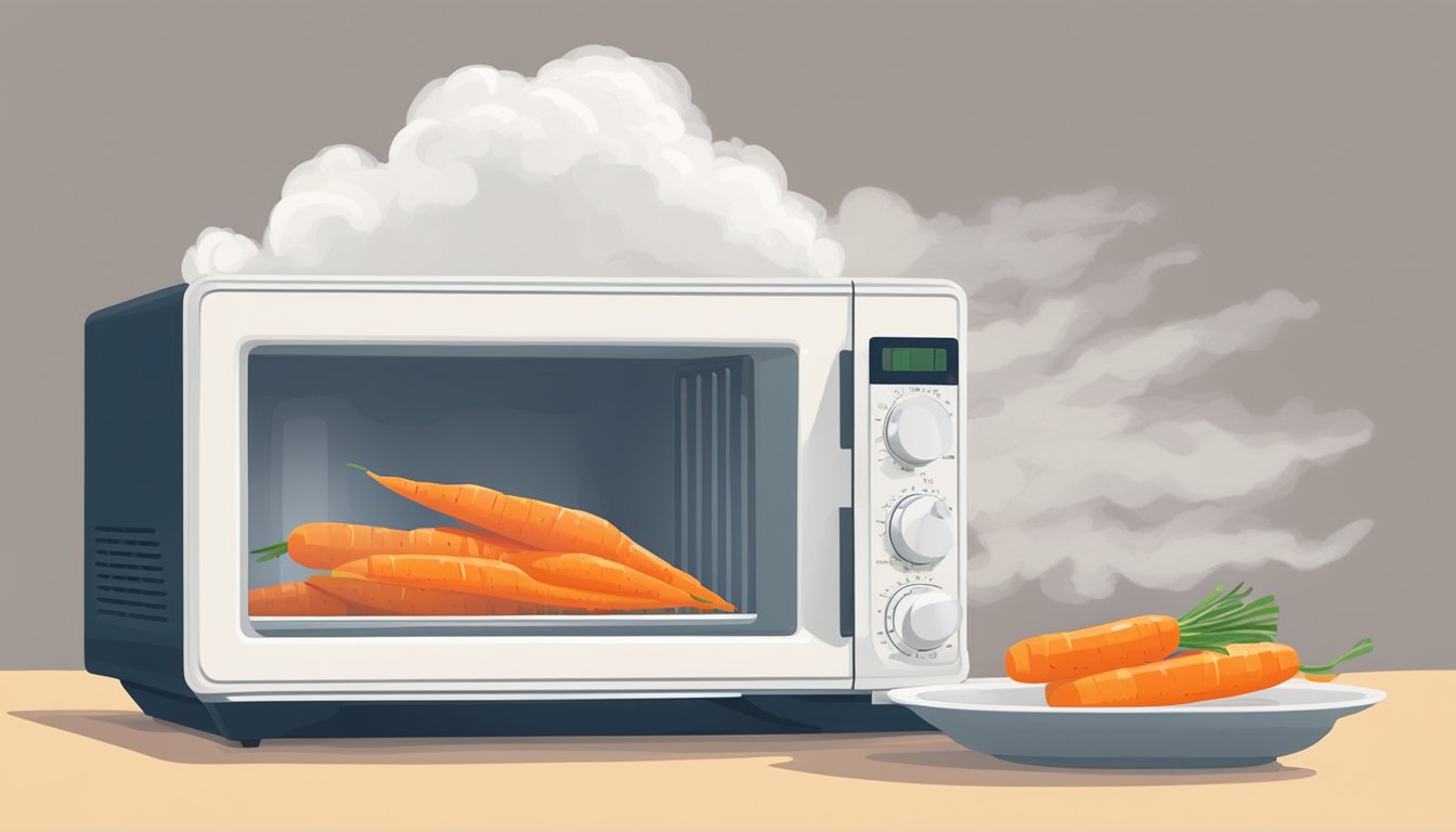 A microwave with a plate of sliced carrots inside, a fork next to it, and a steam cloud rising from the plate