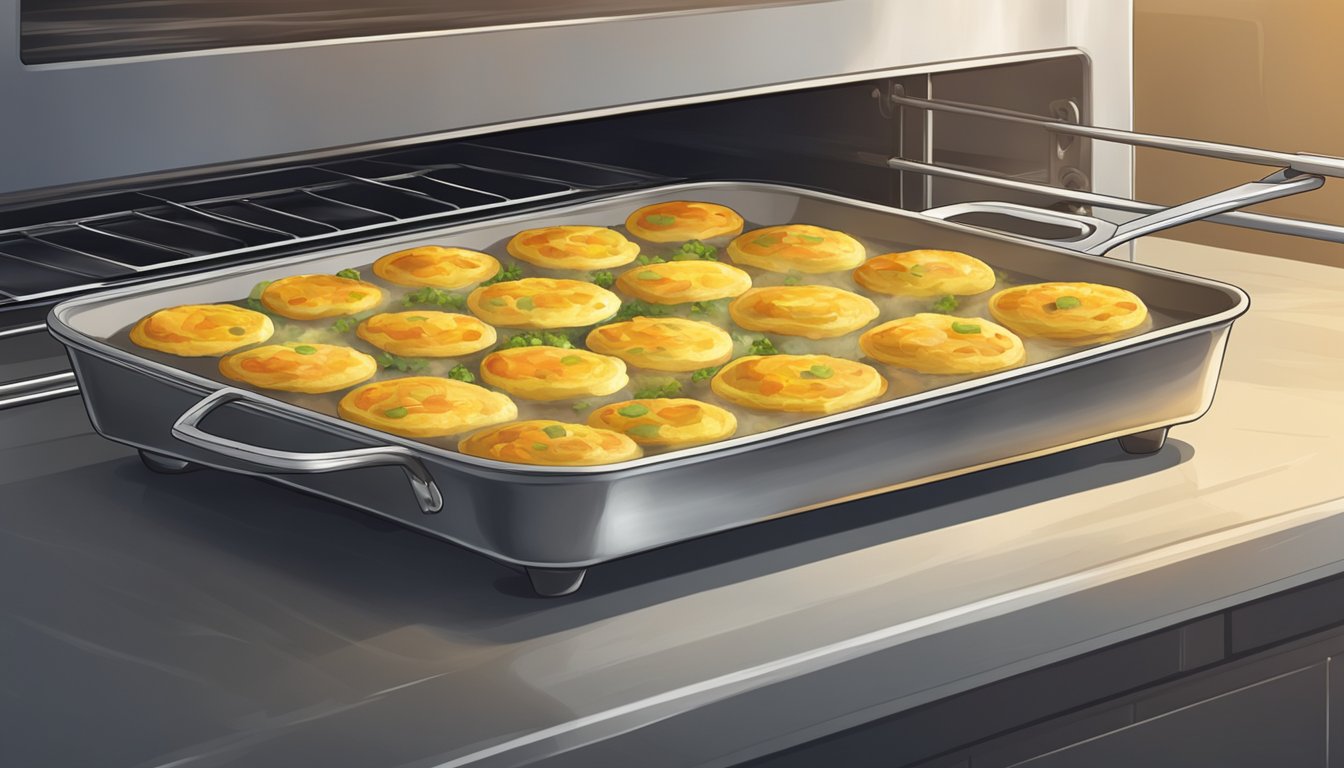 A frittata sits on a baking sheet inside a preheated oven. Steam rises from the golden, fluffy surface as it reheats to perfection