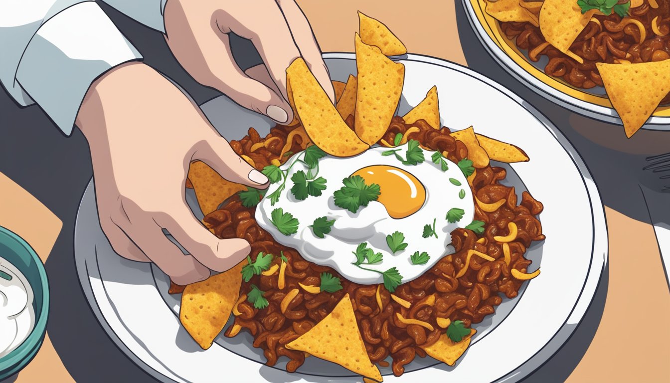 A hand placing a reheated frito pie on a plate, garnishing it with fresh cilantro and a dollop of sour cream