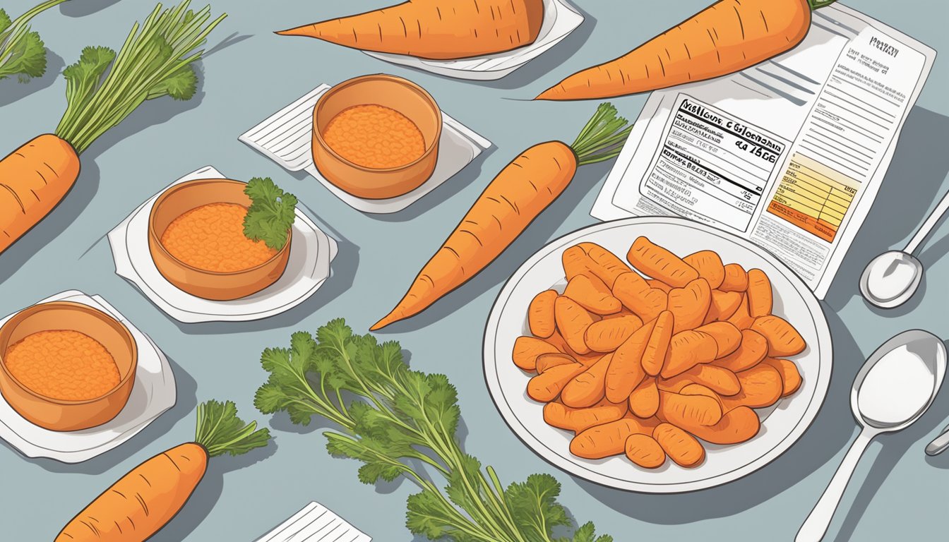 A plate of reheated gluten-free carrots next to a printed nutritional information label