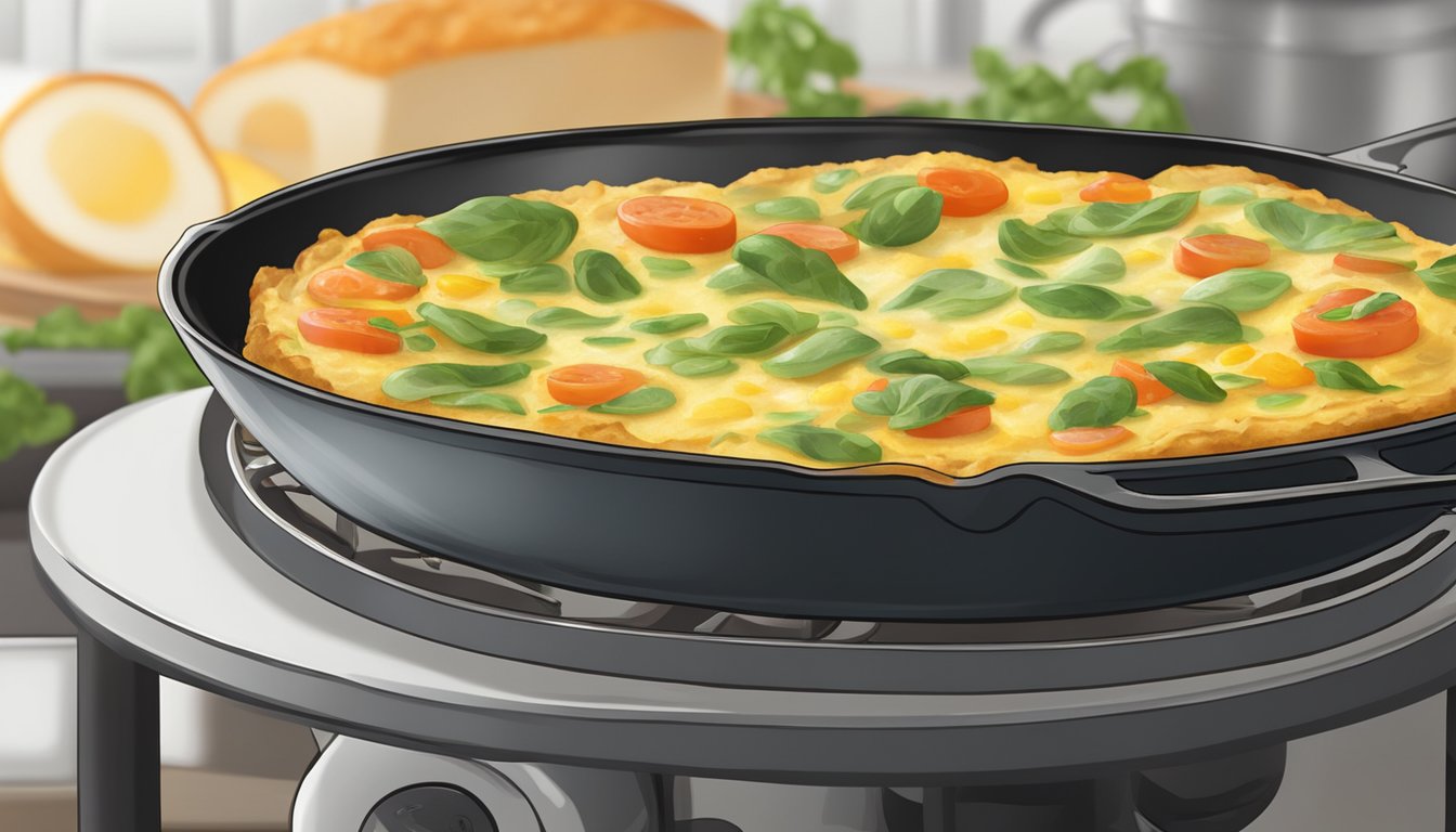 A frittata sizzling in a skillet, with crispy edges and steam rising, ready to be reheated for perfect texture and flavor