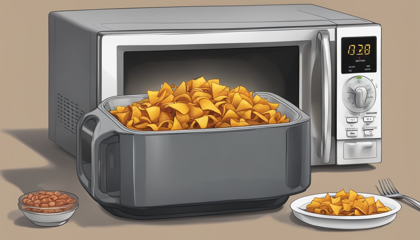 A microwave with a steaming bowl of frito pie inside, a fork sitting next to it, and a timer set for reheating