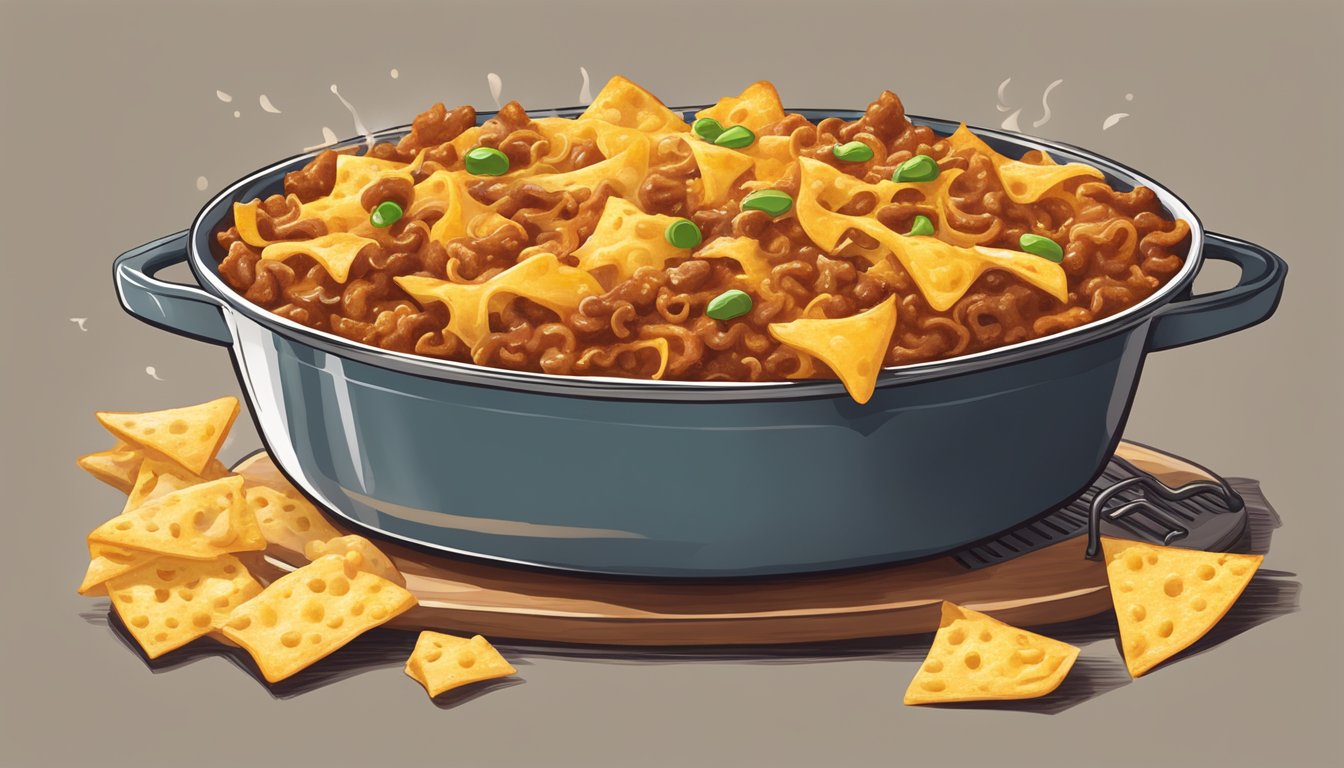 A steaming dish of Frito pie being reheated in the oven, with bubbling cheese and golden brown Fritos on top