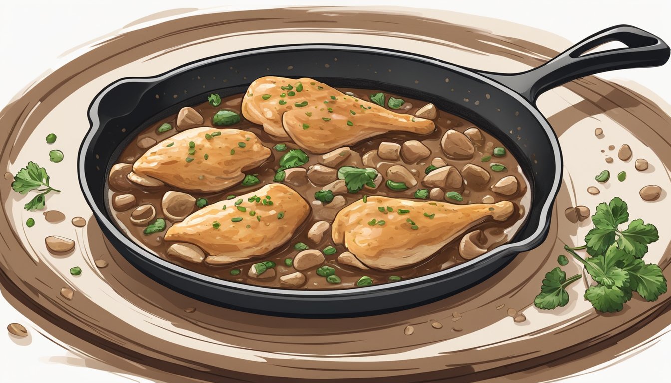 A gluten-free chicken Marsala dish being reheated in a skillet, with the rich, savory sauce bubbling and the chicken sizzling as it warms up