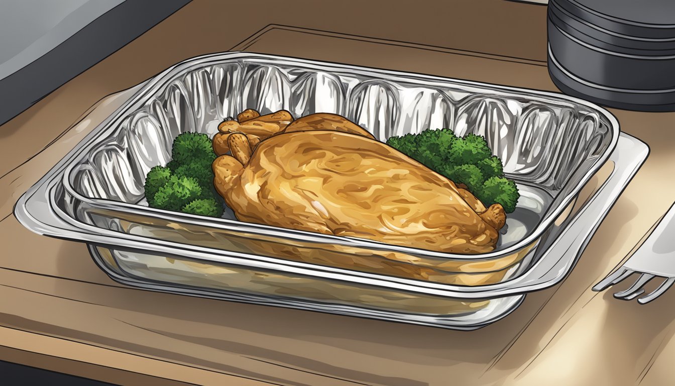 A glass dish filled with gluten-free chicken Marsala covered with foil, placed in the oven for reheating