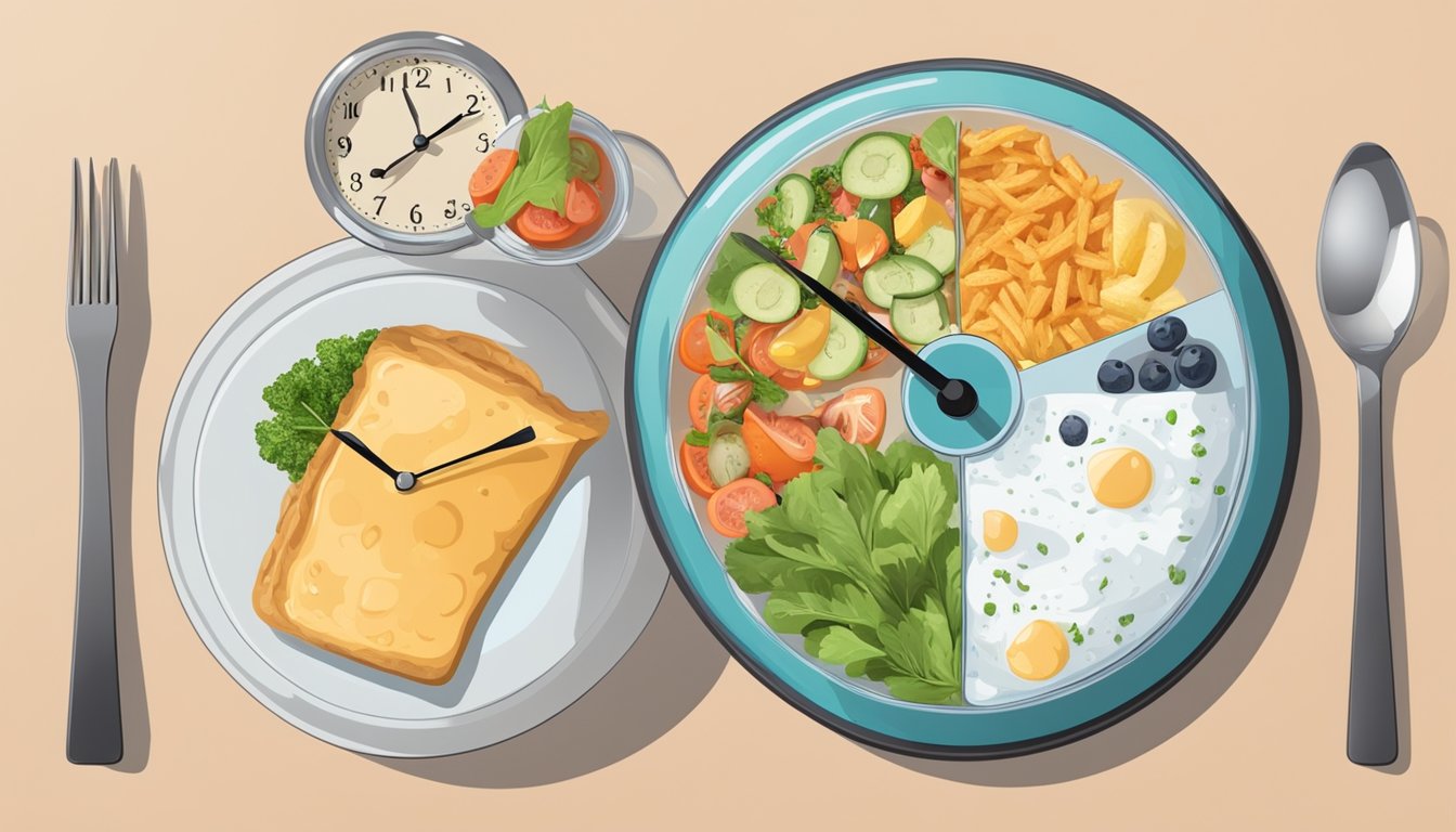 A clock showing the time between meals, a glass of water, and a plate of untouched food